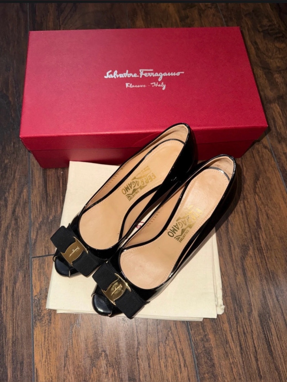 Salvatore Ferragamo Pola Patent Vara Bow Peep-Toe Heels